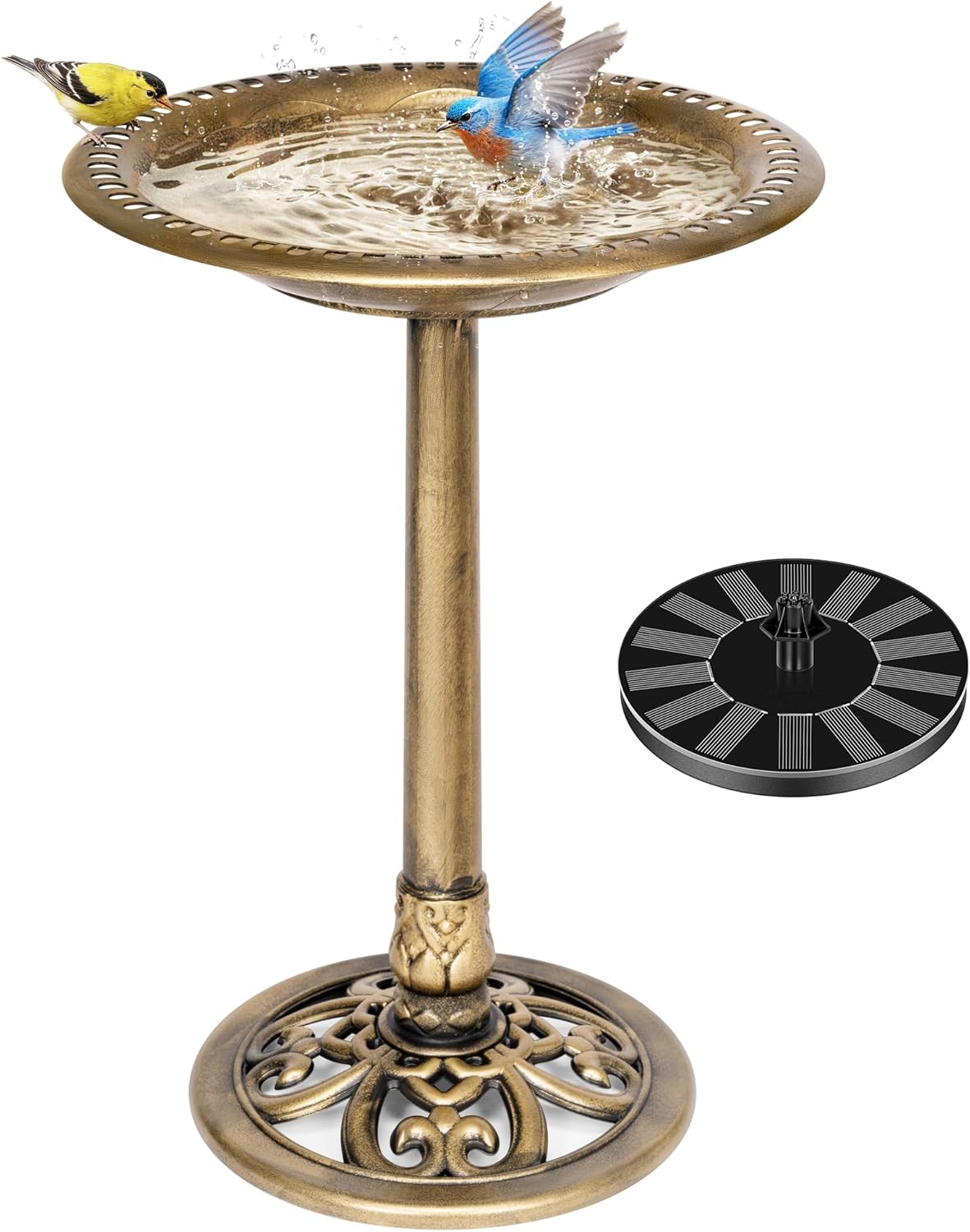 VIVOHOME Bird Bath with Solar Fountain for Outside, Polyresin Pedestal Bird Baths with Solar Powered Pump for Outdoor, Garden, Weather-Resistant Birdbaths with 20" Bowl, Green