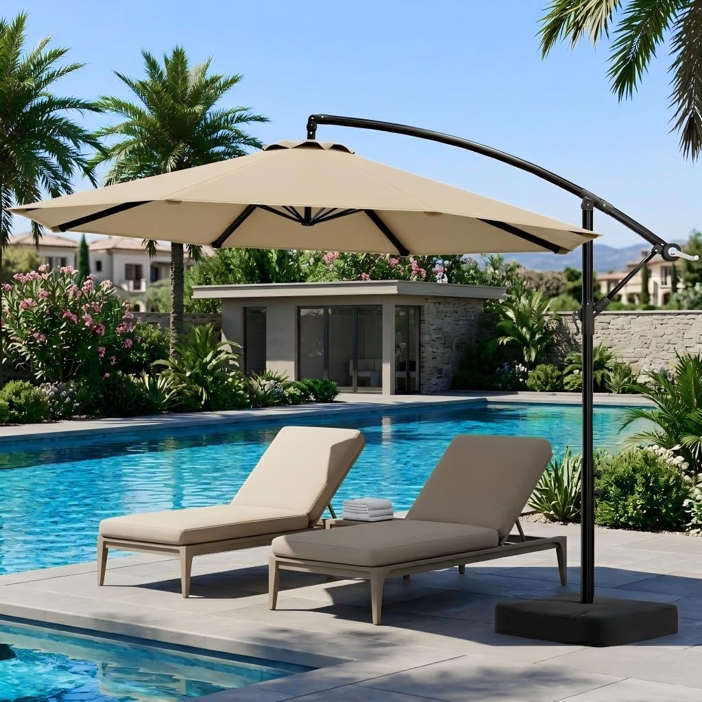 10FT Patio Umbrella with Base Included, Cantilever Offset Outdoor Patio Umbrella with 360° Rotation & Infinite Tilt, Fade-Resistant Yarn-Dyed Canopy, 8-Rib Steel Frame for Patio Pool Deck Backyard, Beige