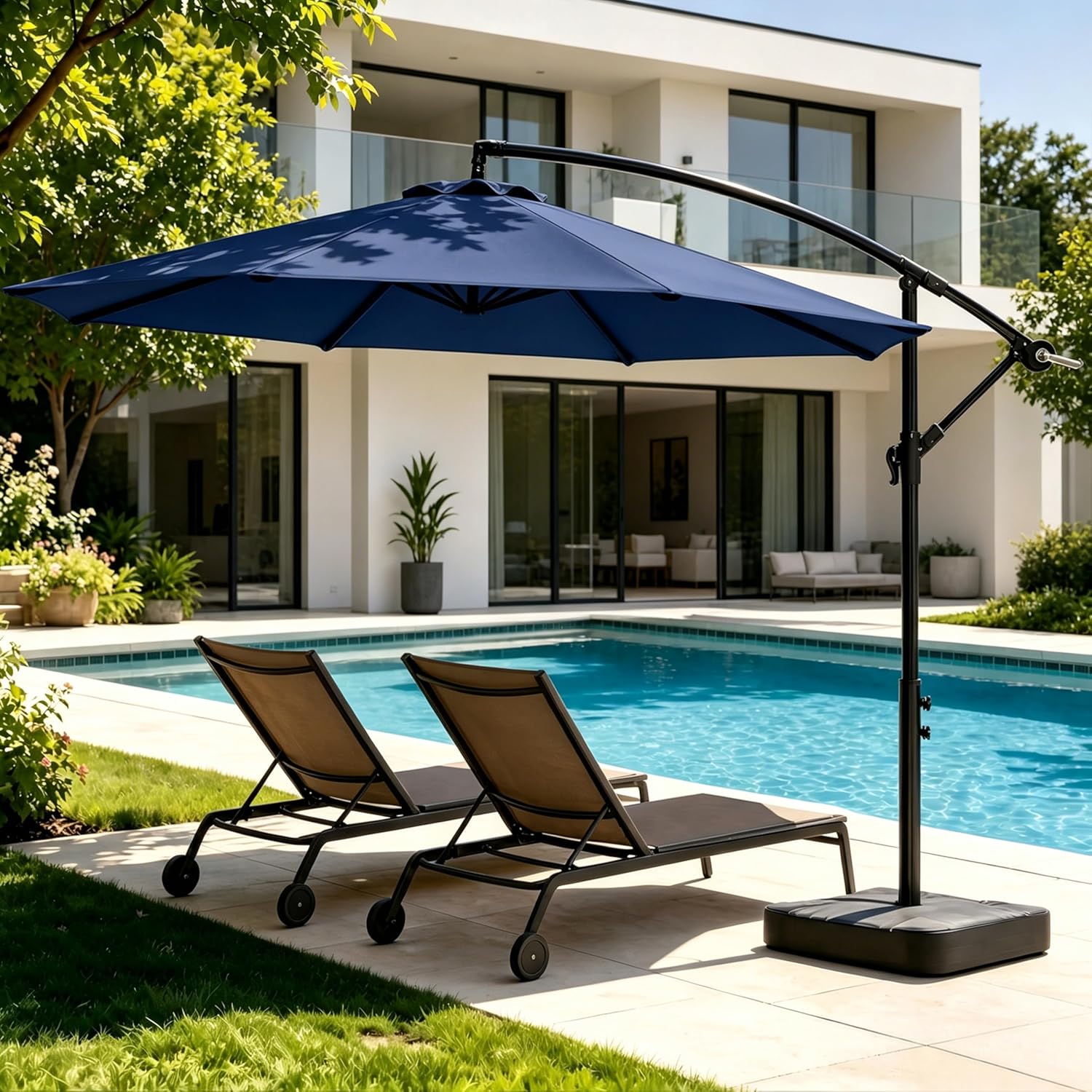 10FT Patio Umbrella with Base Included, Cantilever Offset Outdoor Patio Umbrella with 360° Rotation & Infinite Tilt, Fade-Resistant Yarn-Dyed Canopy, 8-Rib Steel Frame for Patio Pool Deck Backyard, Beige